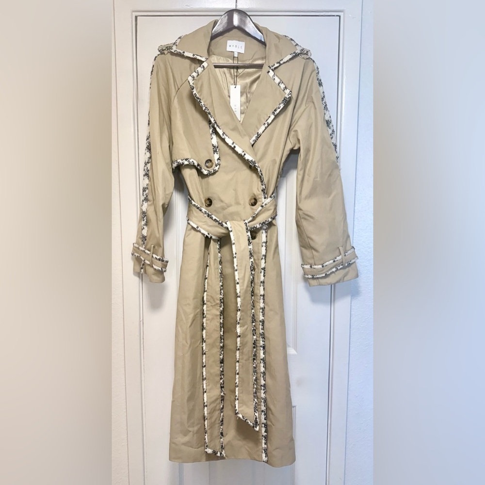 Elegant Tan Trench Coat with Patterned Trim